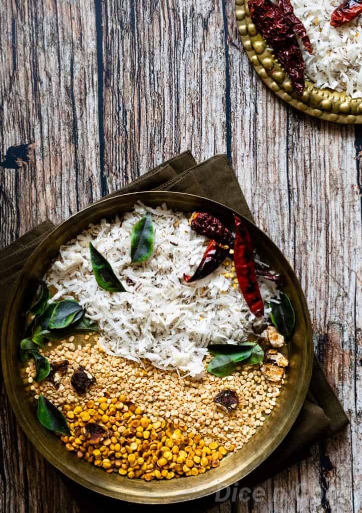 Dry coconut chutney powder or kobbari chutney pudi is a famous condiment in most part of south India. Dry condiment served with idli and dosa. #coconut #southIndia #condiments #vegan