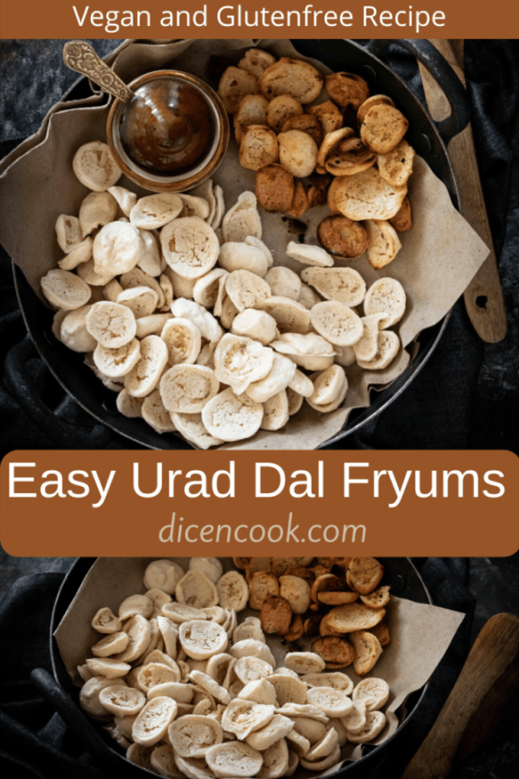 Urad dal fryums or uddina sandige recipe (split de-husked blackgram lentil fryums) is quick and easy to follow. Glutenfree and vegan fryums. Well explained with step by step pictures and a quick video.
