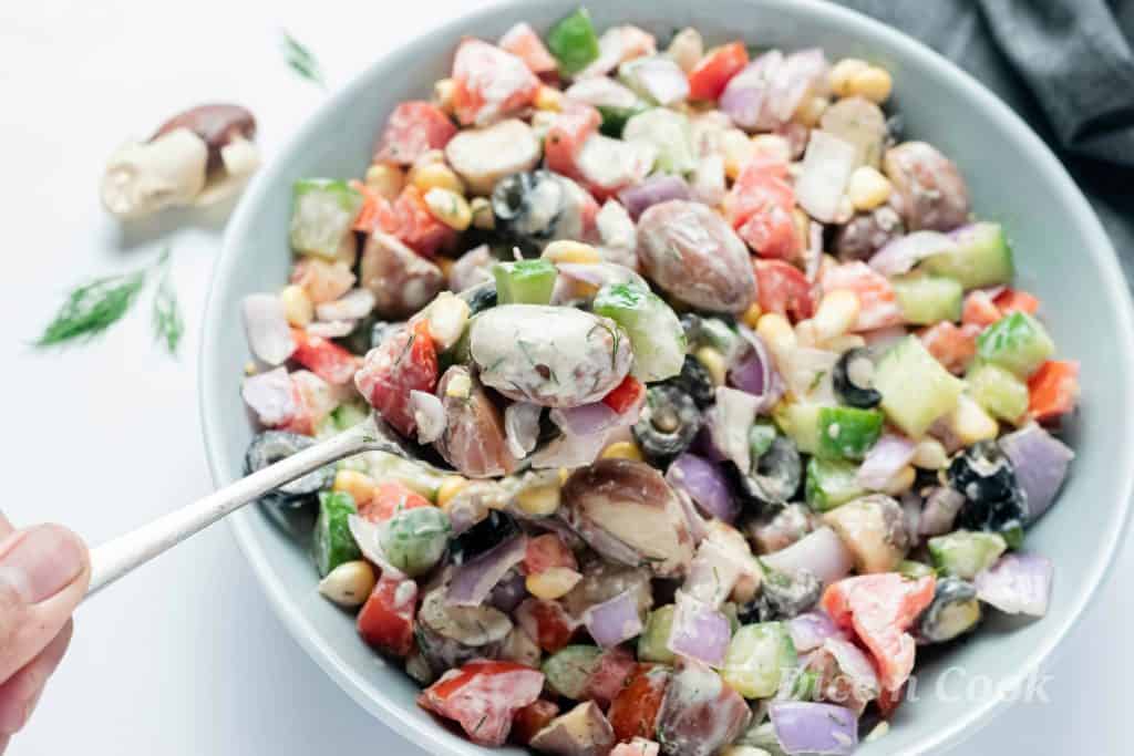 Jackfruit seed vegetable salad is protein rich wholesome meal.  Wonderful health benefits of jackfruit seeds make this dish a great recipe. An easy, quick glutenfree Indian recipe with homemade tahini ranch salad dressing #glutenfree #salad #Indian #jackfruit #tahini