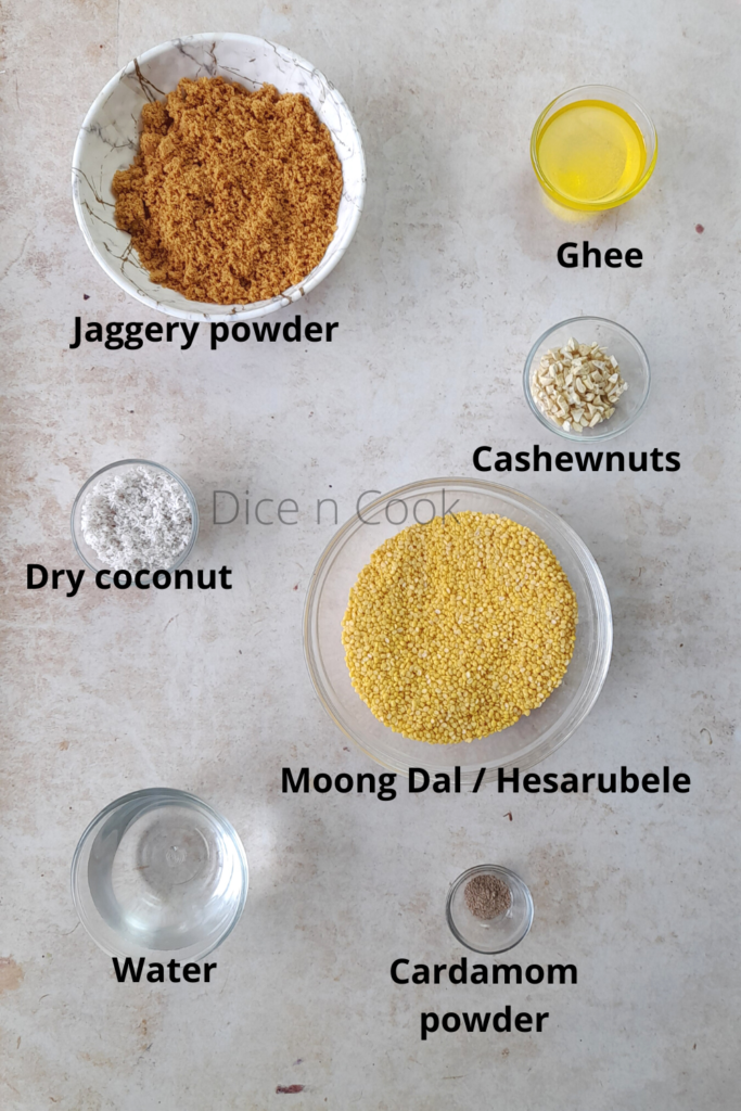 Moong dal laddu ingredients in bowls