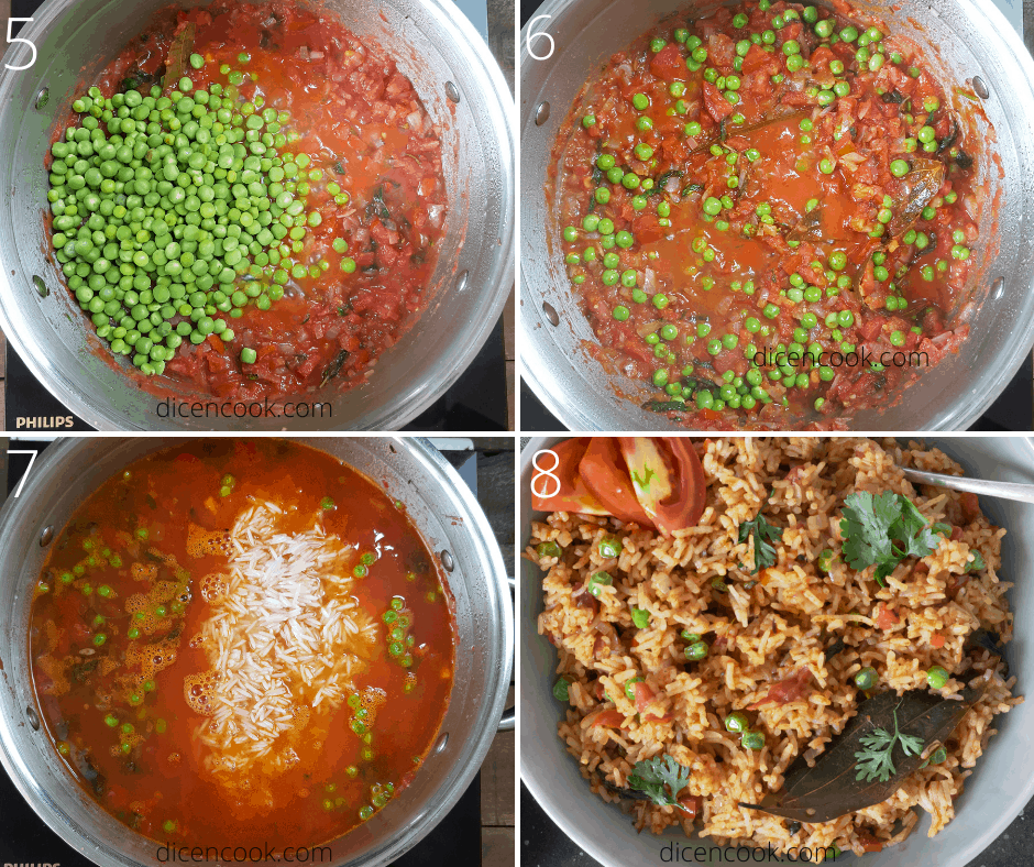 An Indian style Tomato peas rice 