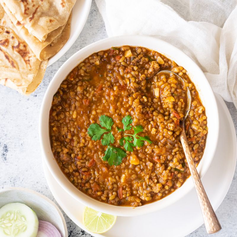 Instant pot matki masala curry served in bowl